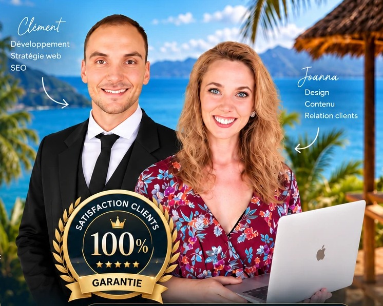 Joanna et Clément, fondateurs de l'agence, à Nosy Komba — Clément : développement, stratégie web, SEO ; Joanna : design, contenu, relation clients