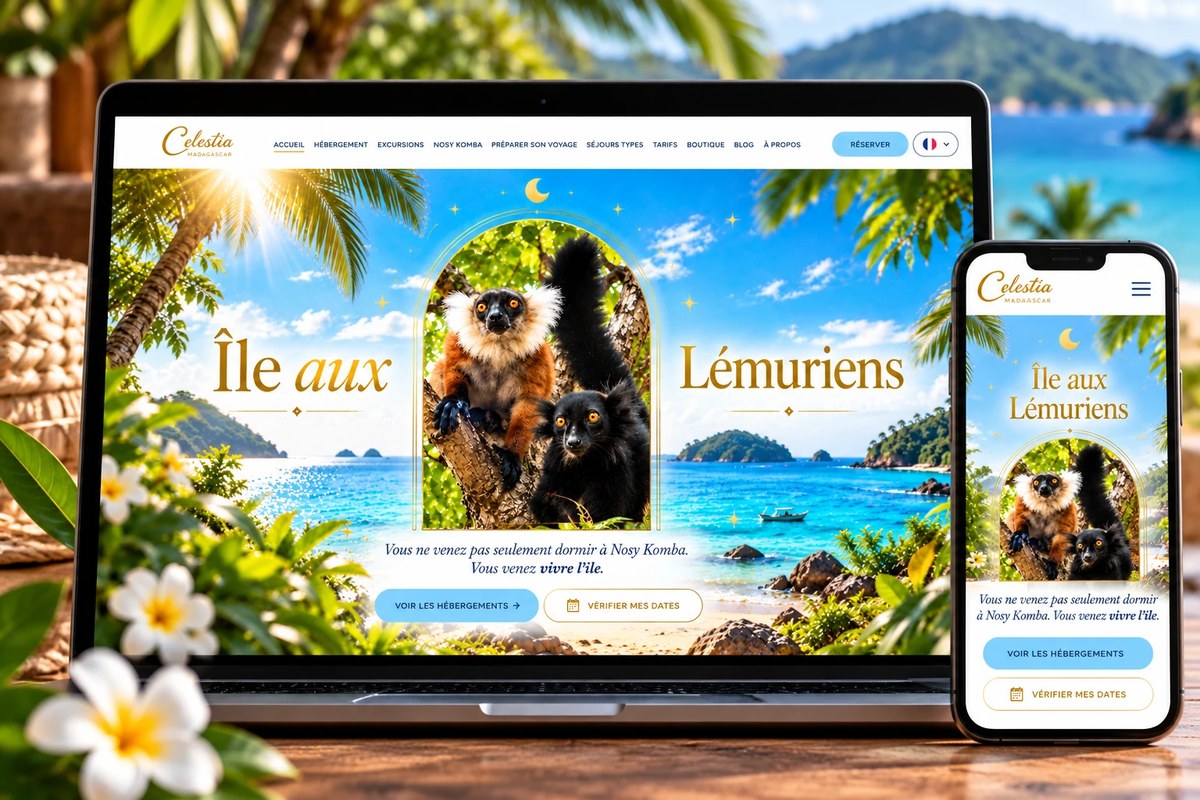 Site Celestia Madagascar — Île aux Lémuriens — sur ordinateur portable et téléphone, dans un décor tropical